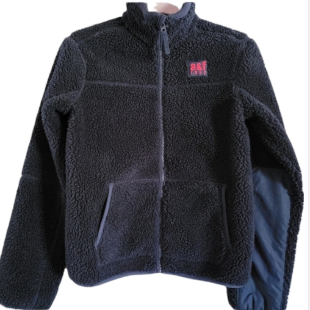 Abercrombie Fitch Sherpa Teddy Bear Jacket Boys Large/14 Navy with Red Lining